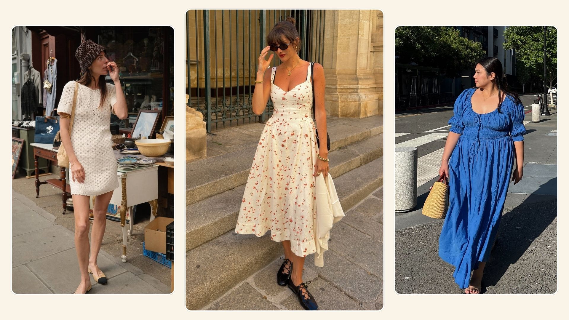 Woman wears knit sezane dress; woman wears floral reformation dress; woman wears blue doen dress