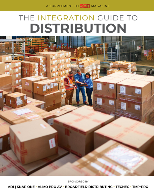 A warehouse full of boxes on the cover of SCN's Guide to Distribution.
