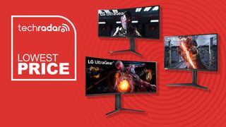 A trio of LG Ultragear monitors against a red TechRadar Black Friday deals background
