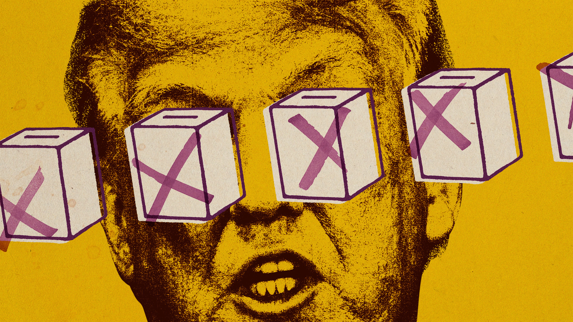 Photo collage of agitated Donald Trump, with a row of ballot boxes scrolling past his face and obscuring his eyes. 