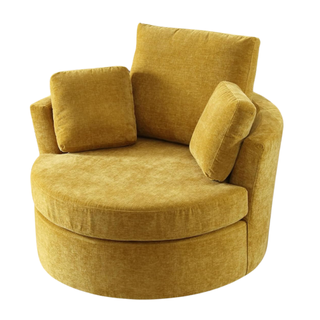 A round yellow oversized chenille swivel chair