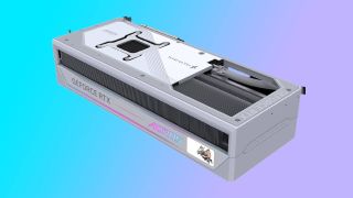 Gigabyte Aorus GeForce RTX 5090 Stealth Ice graphics card on a blue and purple background