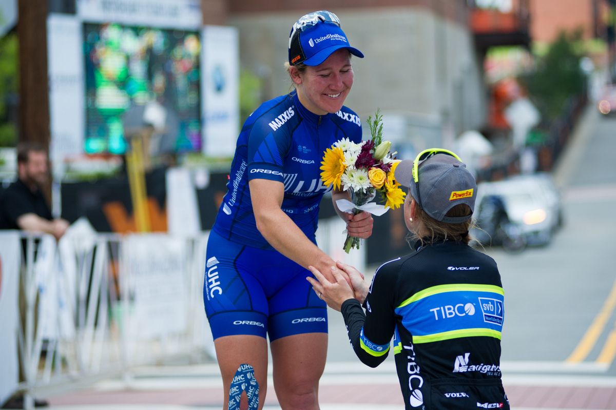 Lauretta Hanson (UnitedHealthcare) and Lauren Stephens (TIBCO) congratulate each other on the podium