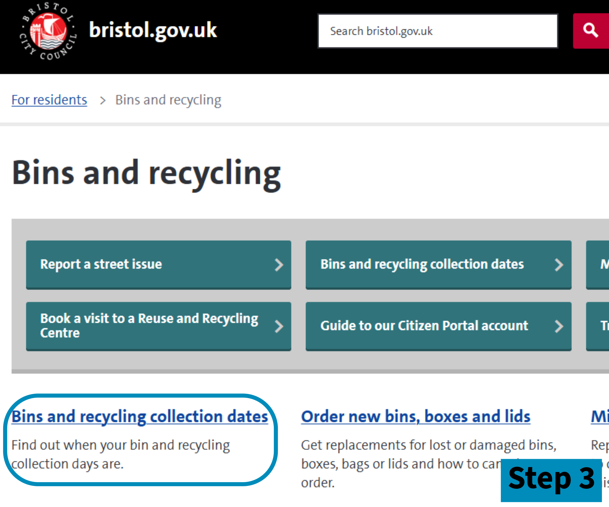 Screenshot of Bristol gov website showing bins and recycling section