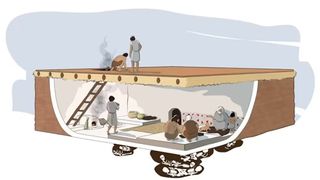 um diagrama de uma casa subterrânea primitiva com um pequeno fogão e uma escada que leva à saída