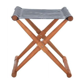 A blue and white striped folding chair