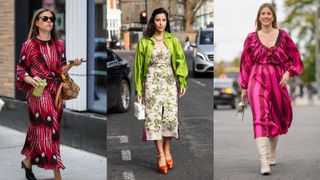 street style influencers showing spring outfit ideas printed midi dress