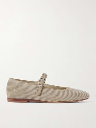 Grosgrain-Trimmed Corduroy Mary Jane Ballet Flats