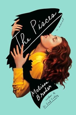 the pisces book cover with a woman leaning her head back and hugging a fish