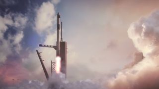 This still from SpaceX's Demo-2 mission animation shows the Falcon 9 rocket lifting off with the Crew Dragon spacecraft.