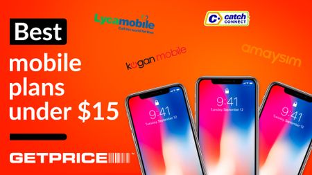 Red background with white text on the left hand side that says Best mobile plans under $15 with images of iphones on the right hand side with logos of mobile providers above