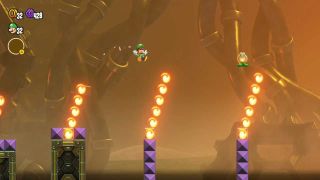 Luigi bouncing between Fire Bars in Super Mario Bros. Wonder's secret final level.