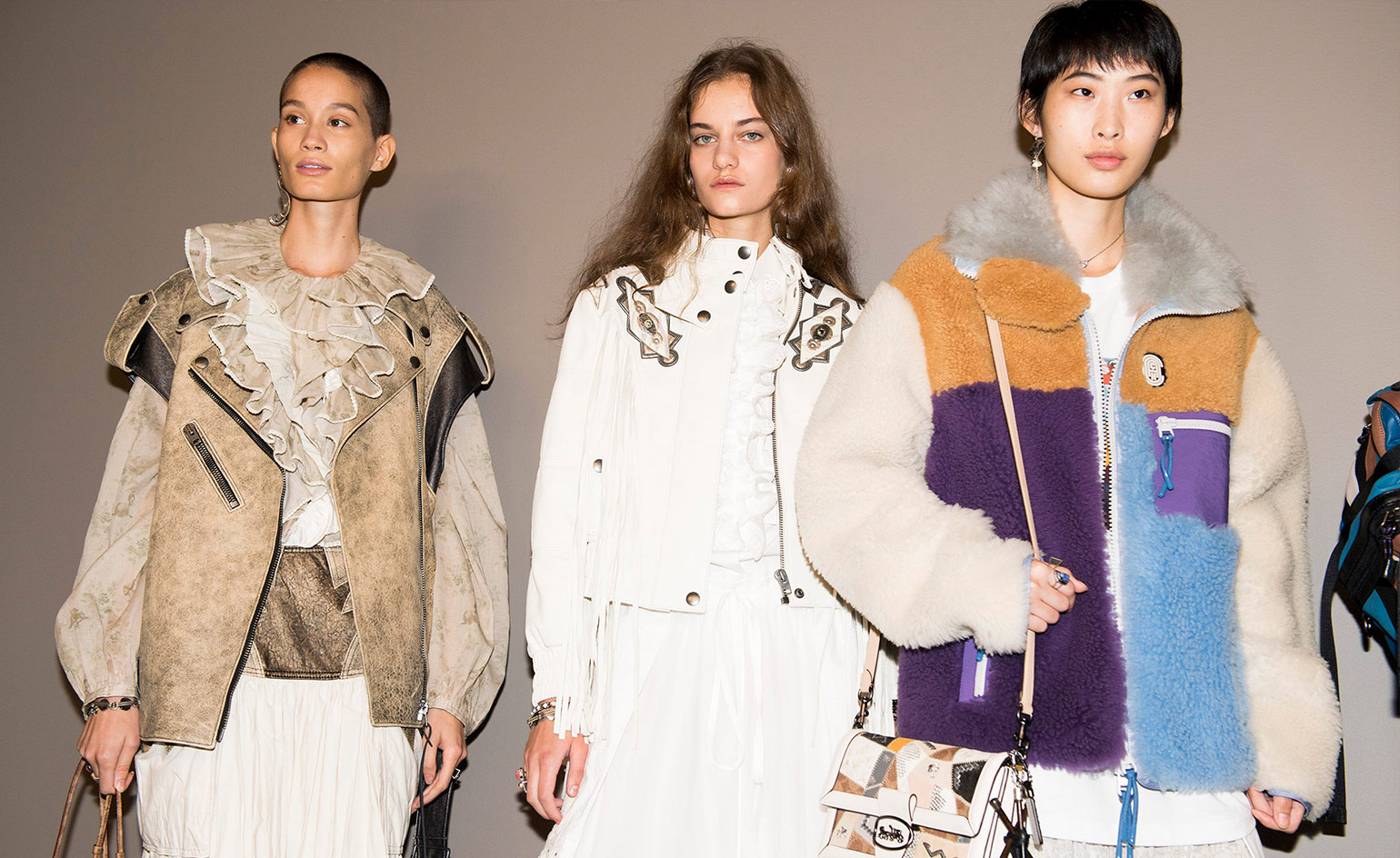 Models wear leather and sheepskin biker jackets