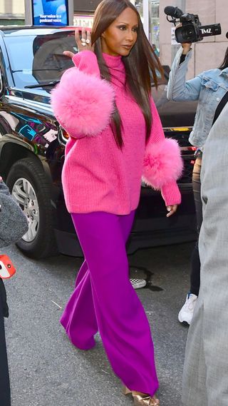 Iman pink purple outfit street style
