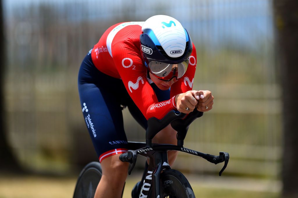 CAGLIARI ITALY JUNE 30 Emma Norsgaard Jorgensen of Denmark and Movistar Team sprints during the 33rd Giro dItalia Donne 2022 Stage 1 a 47km individual time trial stage from Cagliari to Cagliari ITT GiroDonne UCIWWT on June 30 2022 in Cagliari Italy Photo by Dario BelingheriGetty Images