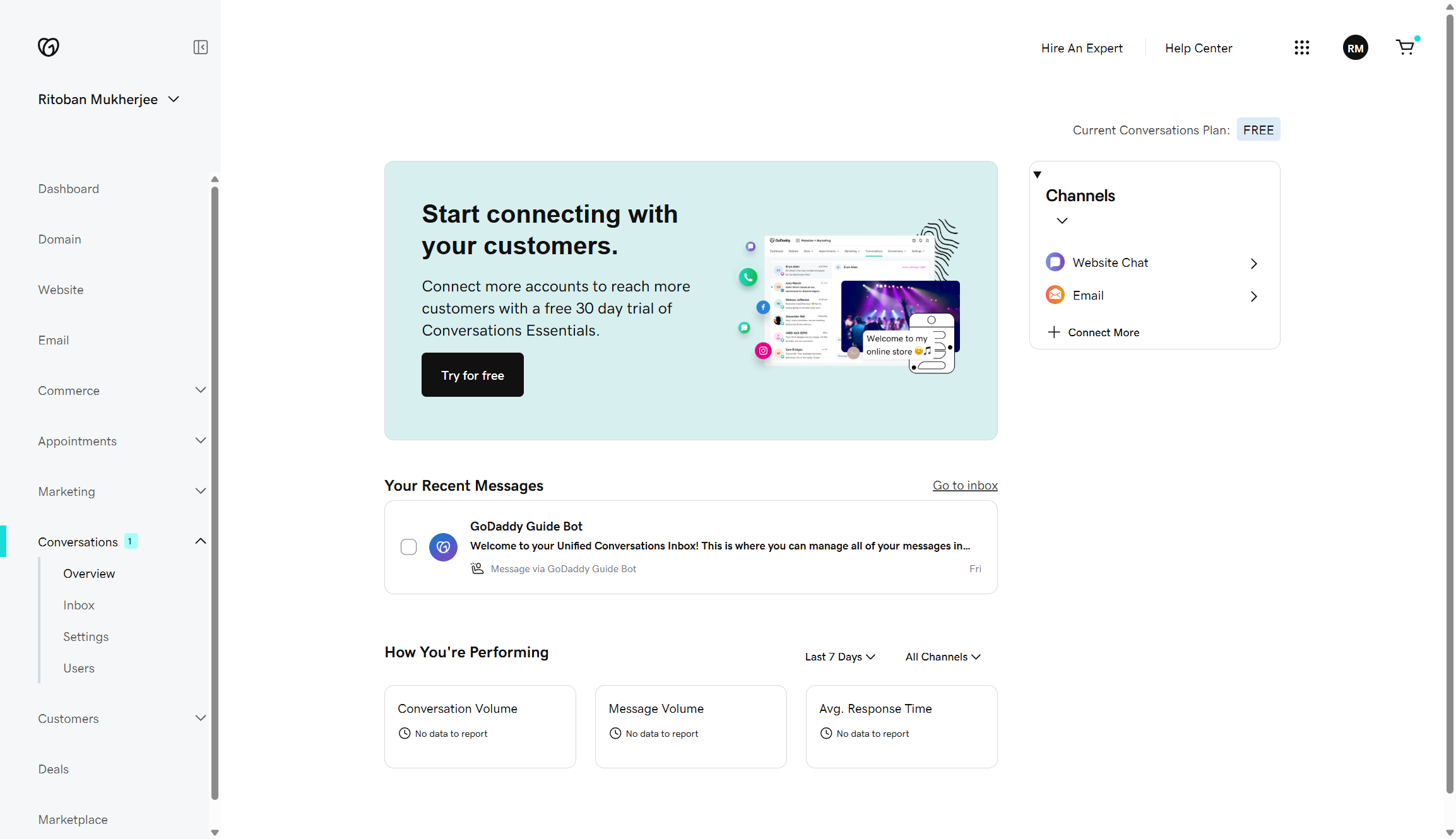 Screenshot of GoDaddy&#039;s AI communications tool, it offers the option to set up various communication channels including website chat and email.
