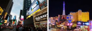 Images of the Las Vegas Strip lit up at night and Times Square in NYC highlight Daktronics expansion.