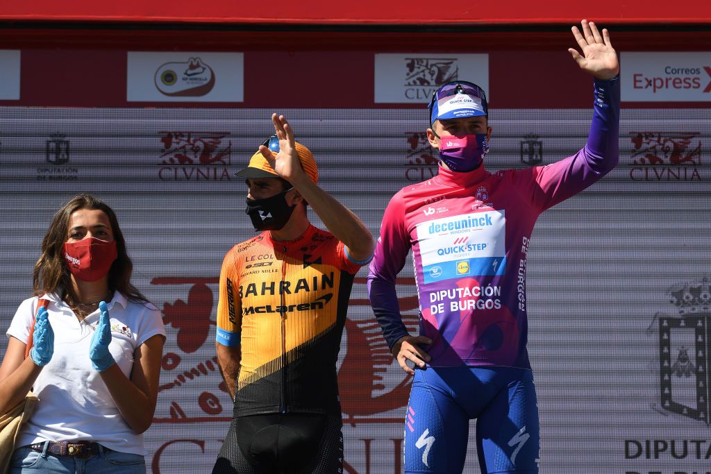 LAGUNAS DE NEILA SPAIN AUGUST 01 Podium Mikel Landa Meana of Spain and Team Bahrain McLaren Remco Evenepoel of Belgium and Team Deceuninck QuickStep Purple Leader Jersey Celebration during the 42nd Vuelta a Burgos 2020 Stage 5 a 158km stage from Covarrubias to Lagunas de Neila 1872m VueltaBurgos on August 01 2020 in Lagunas de Neila Spain Photo by David RamosGetty Images