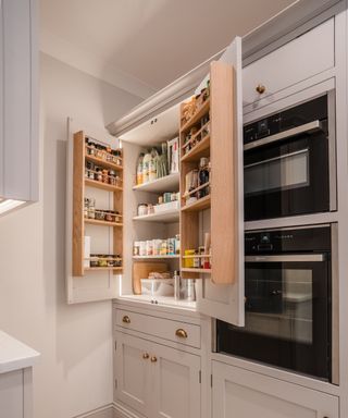 A kitchen pantry opened with interior spice racks and lighting