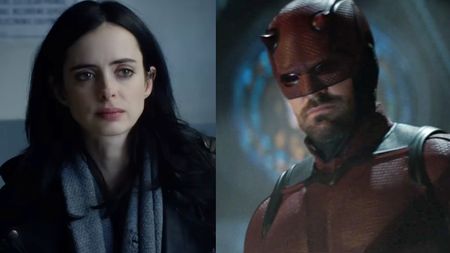 Krysten Ritter in a black jacket and scarf as Jessica Jones in season one of the OG Netflix series, Charlie Cox in his Daredevil suit in the Disney+ revival series. 