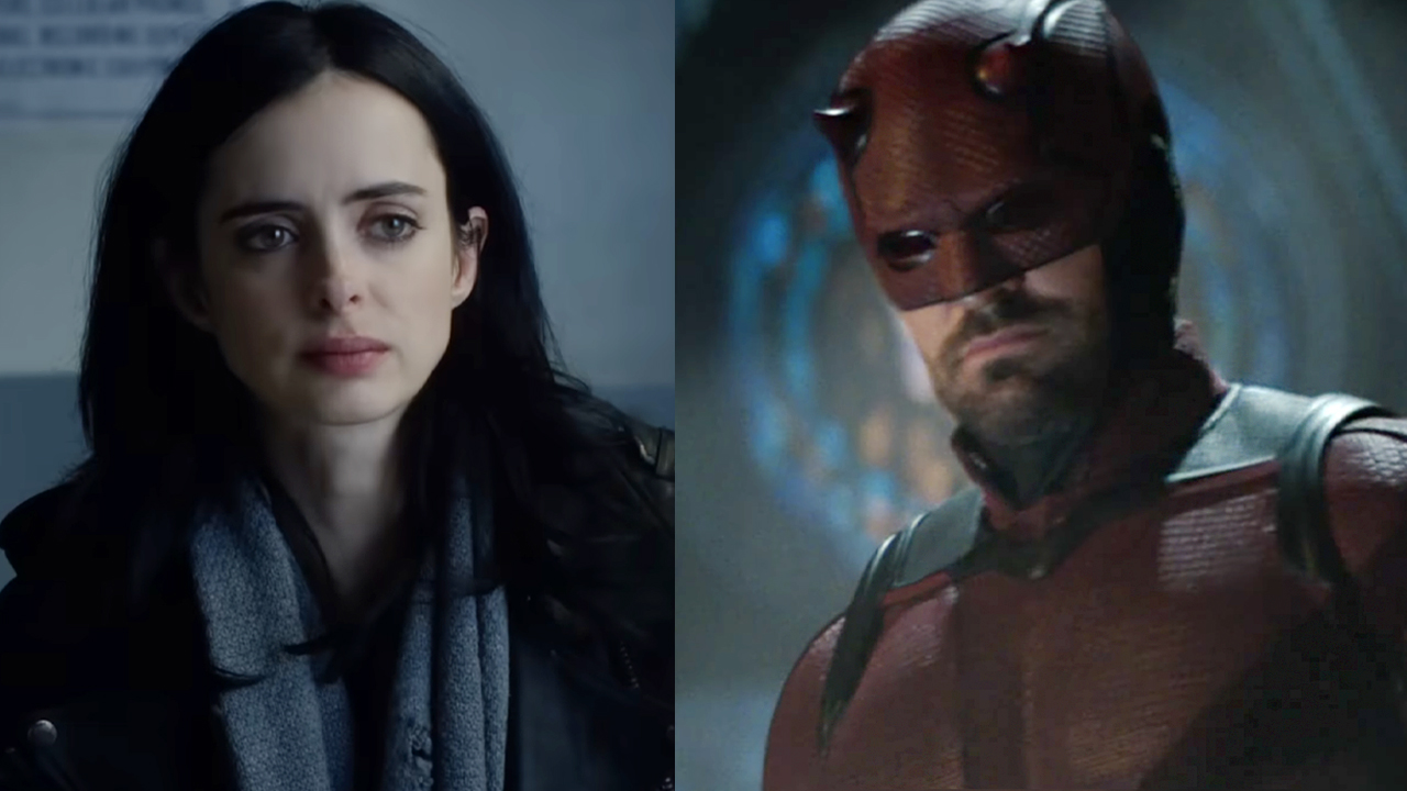 Krysten Ritter in a black jacket and scarf as Jessica Jones in season one of the OG Netflix series, Charlie Cox in his Daredevil suit in the Disney+ revival series.
