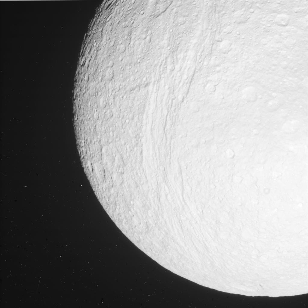 NASA Photo Saturn's Moon Tethys with Craters-Photo taken from 118,000 Miles Away 