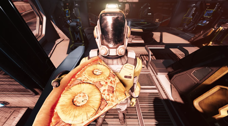 an astronaut on a spaceship holding a slice of pizza