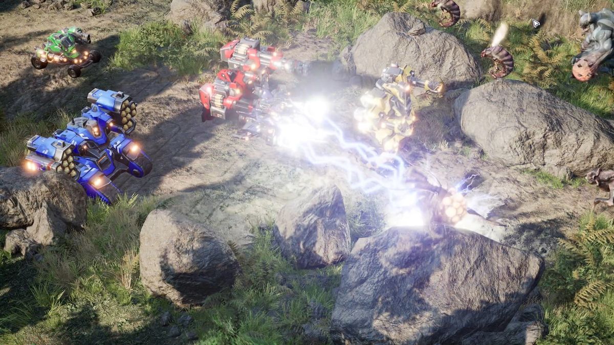 An image of mechs fighting giant monsters from game Mech Armada
