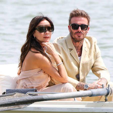 David Beckham and Victoria Beckham are seen during the "Le Chouchou" Jacquemus' Fashion Show at Chateau de Versailles on June 26, 2023 in Versailles, France