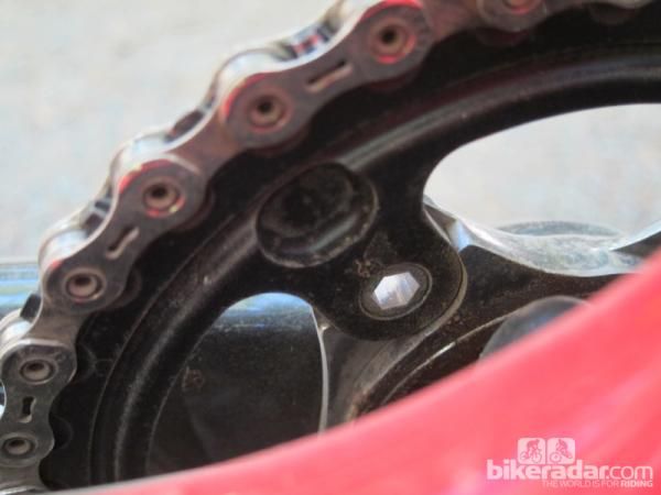 Threads are integrated into the SRAM XX1 chainring for easier installation and removal. Note how the chainring is backed by tabs on the spider, too, removing much of the load from the bolts themselves.