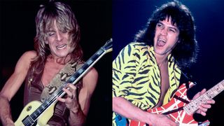 LEFT: Randy Rhoads (1956-1982) plays guitar as he performs, during the 'Blizzard of Ozz Tour,' at Nassau Coliseum, Uniondale, New York, August 14, 1981. RIGHT: Eddie Van Halen (1955 - 2020), of the group Van Halen, performs onstage at the Jacksonville Coliseum, Jacksonville, Florida, January 18, 1984. 