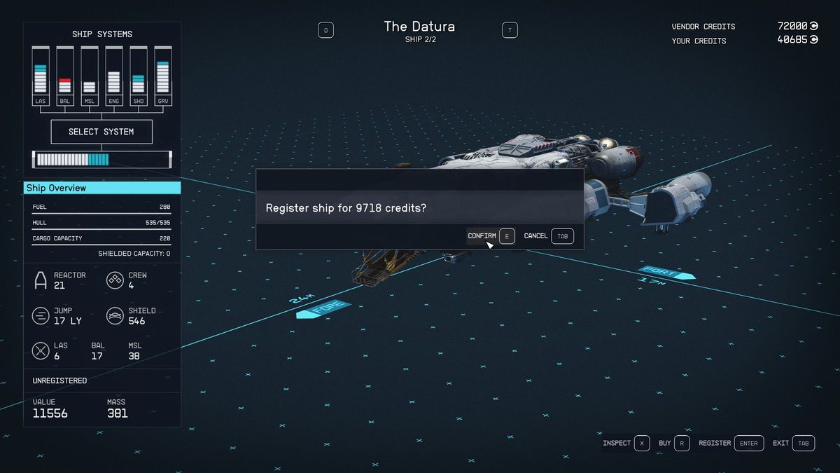 Starfield selling ships - Registering a ship