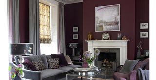 Damson colored living room with gray velvet sofas and full lenth silk curtains to show how to make a living room look expensive with window treatments