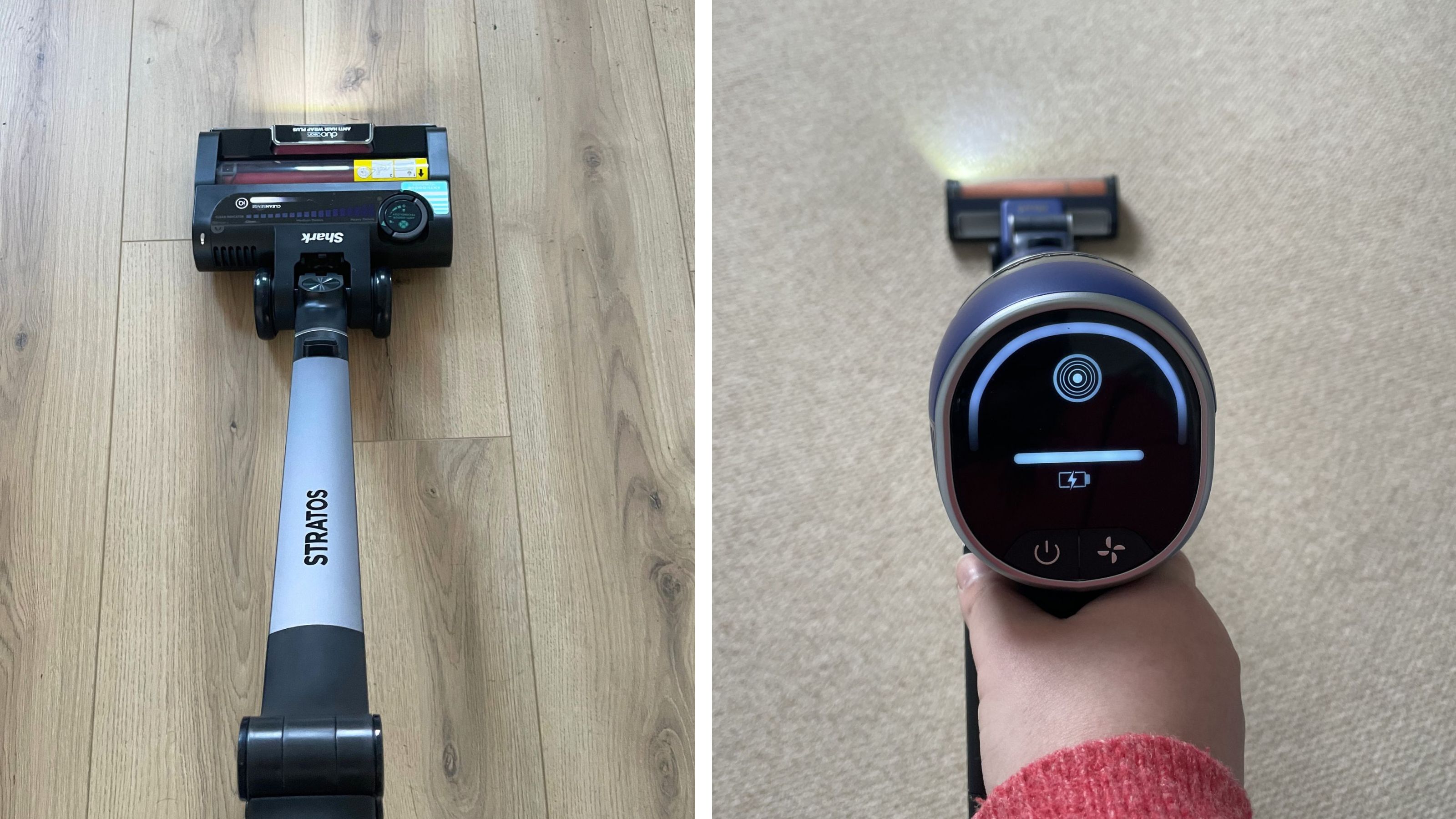 Two cordless vacuum cleaners side by side, being used on hard flooring and carpet