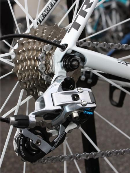 The SRAM Red rear derailleur is affixed to a replaceable hanger.