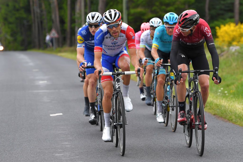Thibaut Pinot on the attack near the end of stage 2 at the Criterium du Dauphine