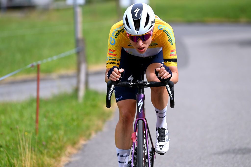 EBNATKAPPEL SWITZERLAND JUNE 20 Marlen Reusser of Switzerland and Team SD Worx Yellow Leader Jersey competes in the chase group during the 3rd Tour de Suisse Women 2023 Stage 4 a 1008km stage from EbnatKappel to EbnatKappel UCIWWT on June 20 2023 in EbnatKappel Switzerland Photo by Tim de WaeleGetty Images