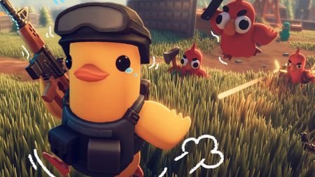 Escape from Duckov art of Duck running from red birds with weapons