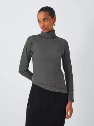 John Lewis Rib Roll Neck Top, Grey