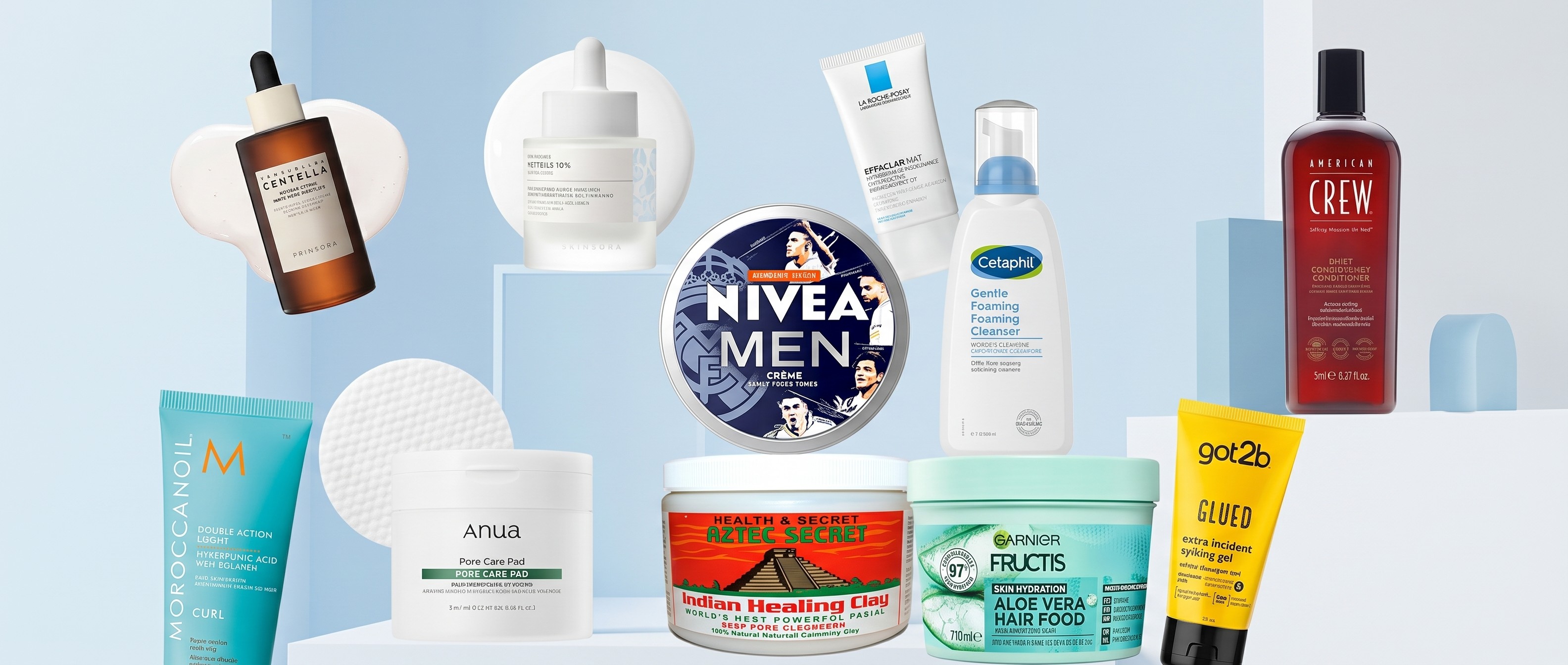 Skincare products on blue background