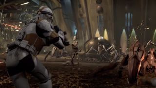 Clone trooper shooting crab droid in Revenge of the Sith