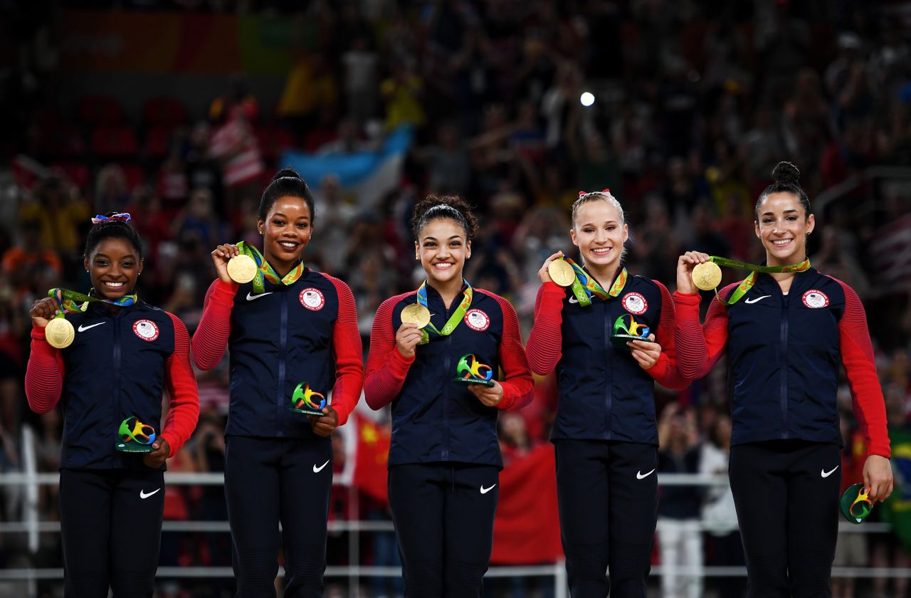 The gold-medal winning U.S. women&amp;#039;s gymnastic team.