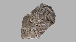 Assyrian relief fragment. Cavalryman leading his horse beside a stream. ca. 704–681 B.C.