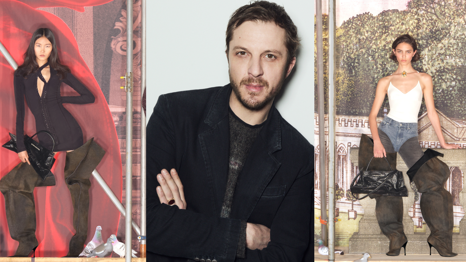 Glenn Martens in a collage with H&amp;M pieces from his collection