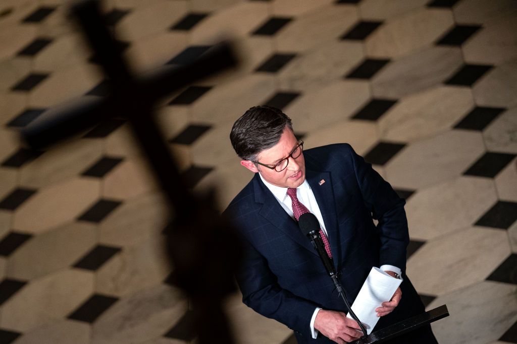 Speaker Mike Johnson (R-LA) speaks during a news conference at the U.S. Capitol on April 17, 2024