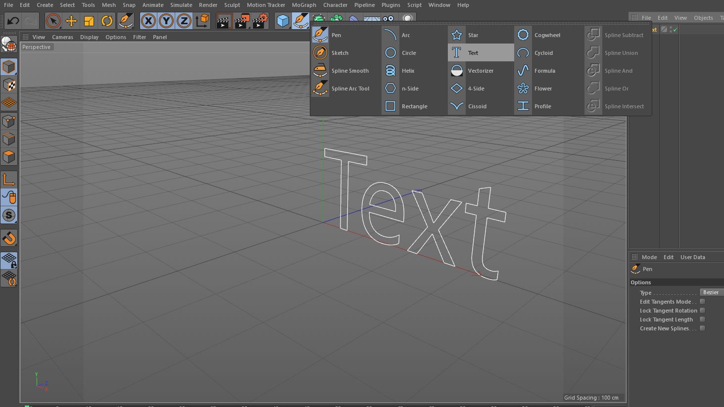 Use the spline option labelled text to write something (Click the icon in the top-right to enlarge the image)