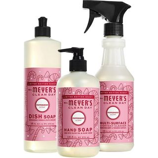 A set of matching peppermint scented cleaning products in a pump bottle, a spray bottle, and a squeeze bottle, with matching pink labels