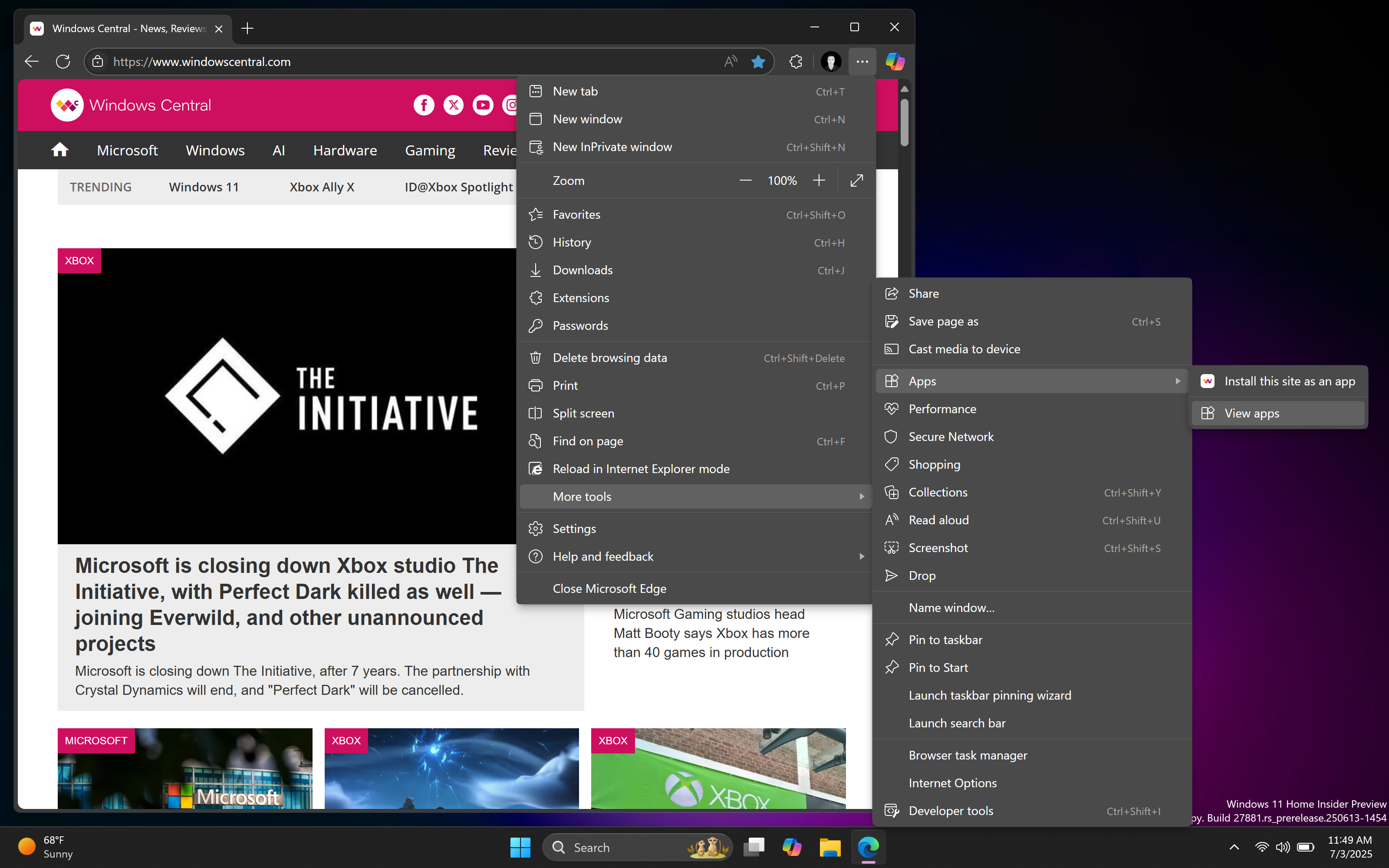 Microsoft Edge menus with no blur