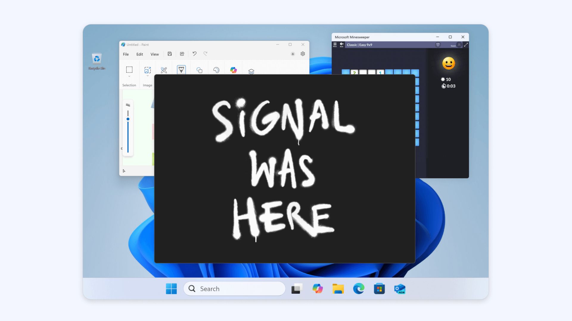 A blacked-out Microsoft Recall screenshot of a Signal chat, reading &quot;Signal was here&quot;