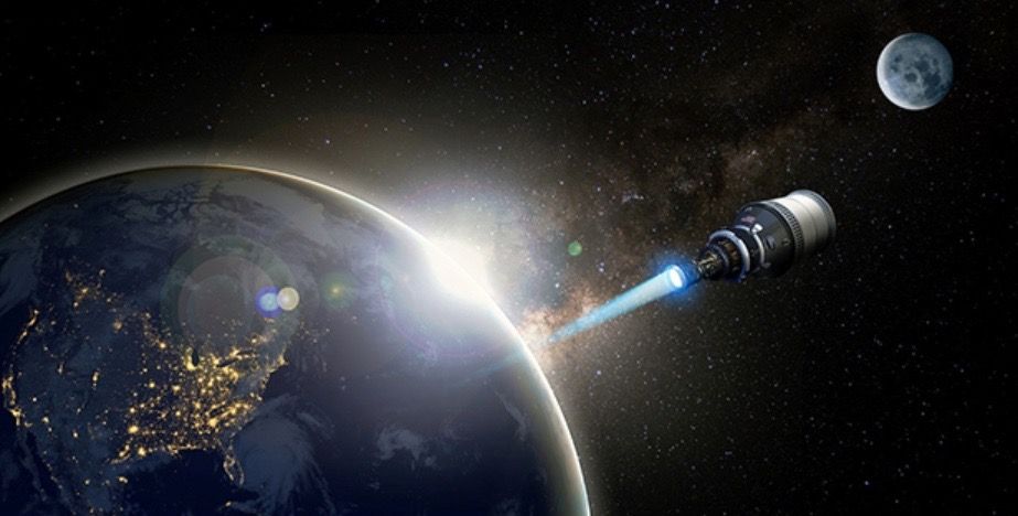 Artist&#039;s impression of a spacecraft powered by nuclear thermal propulsion.